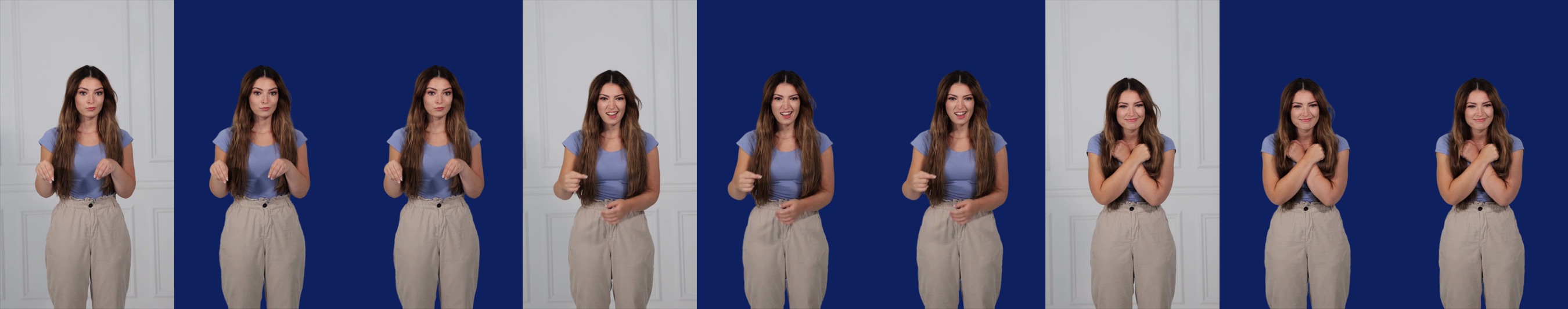 Full frames on navy: source, VEED fast and VEED at three moments