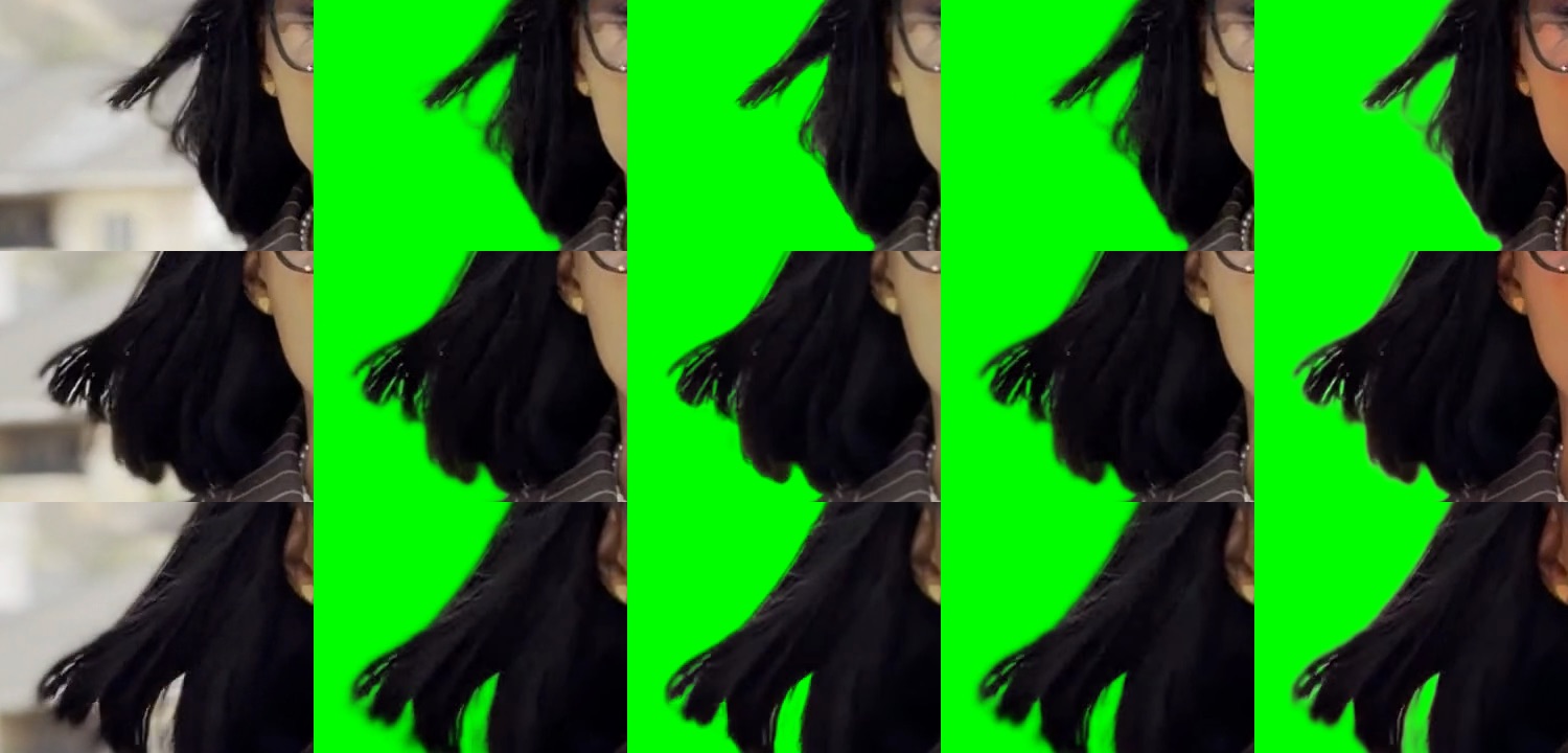 Hair tips at full resolution: source, VEED fast, Pixelcut, VEED and Bria on green