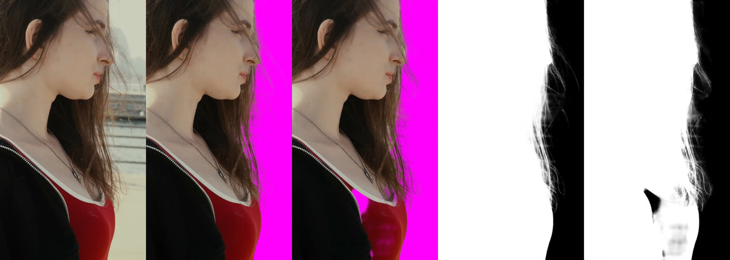 Hair in wind at 3.5 seconds: source frame, CutoutClip result on magenta, VideoBGNinja result on magenta, CutoutClip mask, VideoBGNinja mask